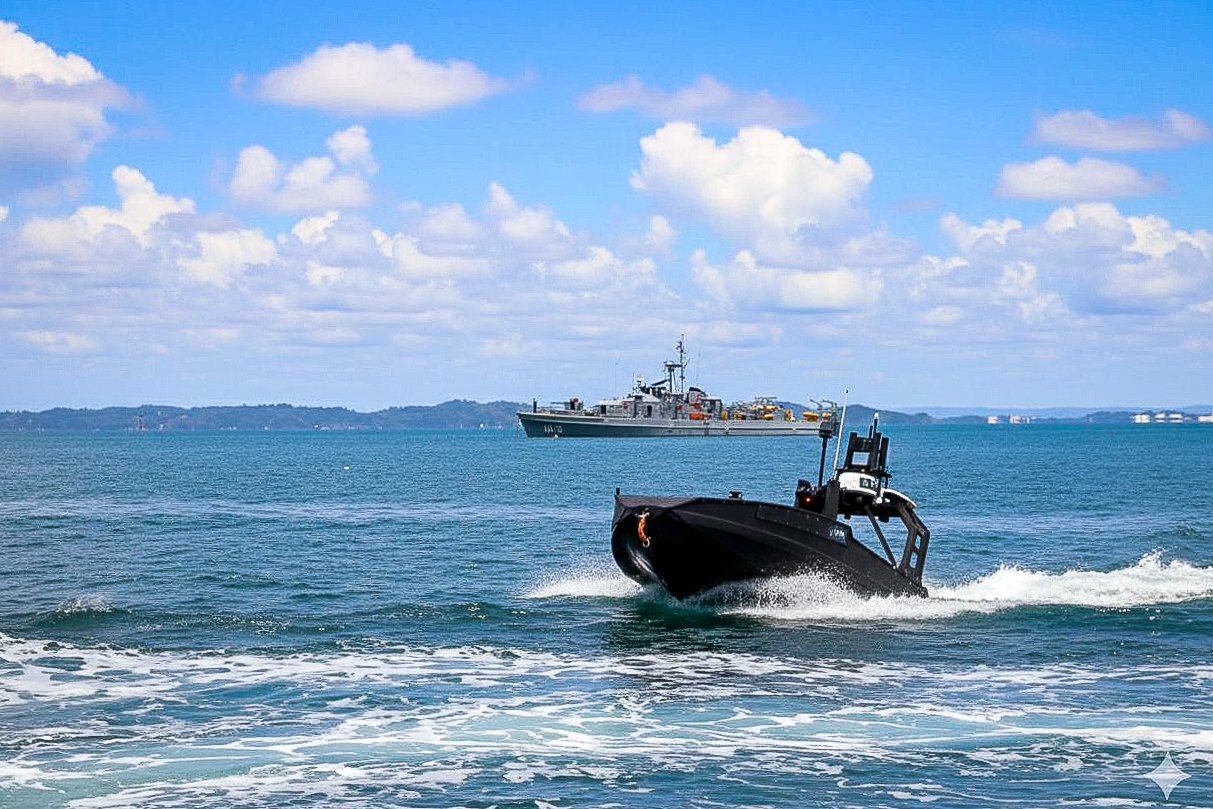 Embarcação não tripulada em operação na baía, com navio da Marinha ao fundo
